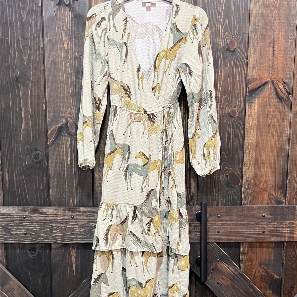Knox Rose Horse Wrap Midi Dress‎ Size XS Waffle Knit Balloon Tiered Ruffle Boho